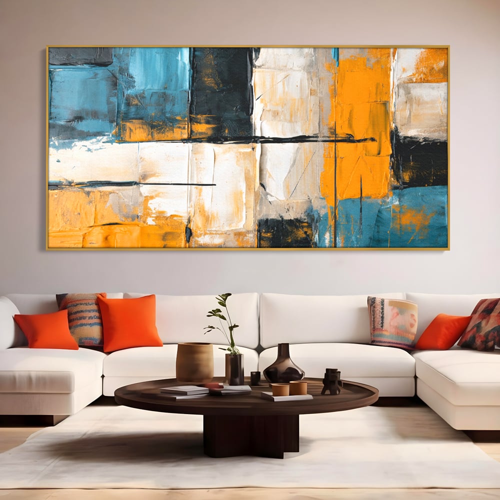 Tablou canvas cu tablou canvas abstract geometric, in rama de aluminiu auriu, pe perete intr-un living